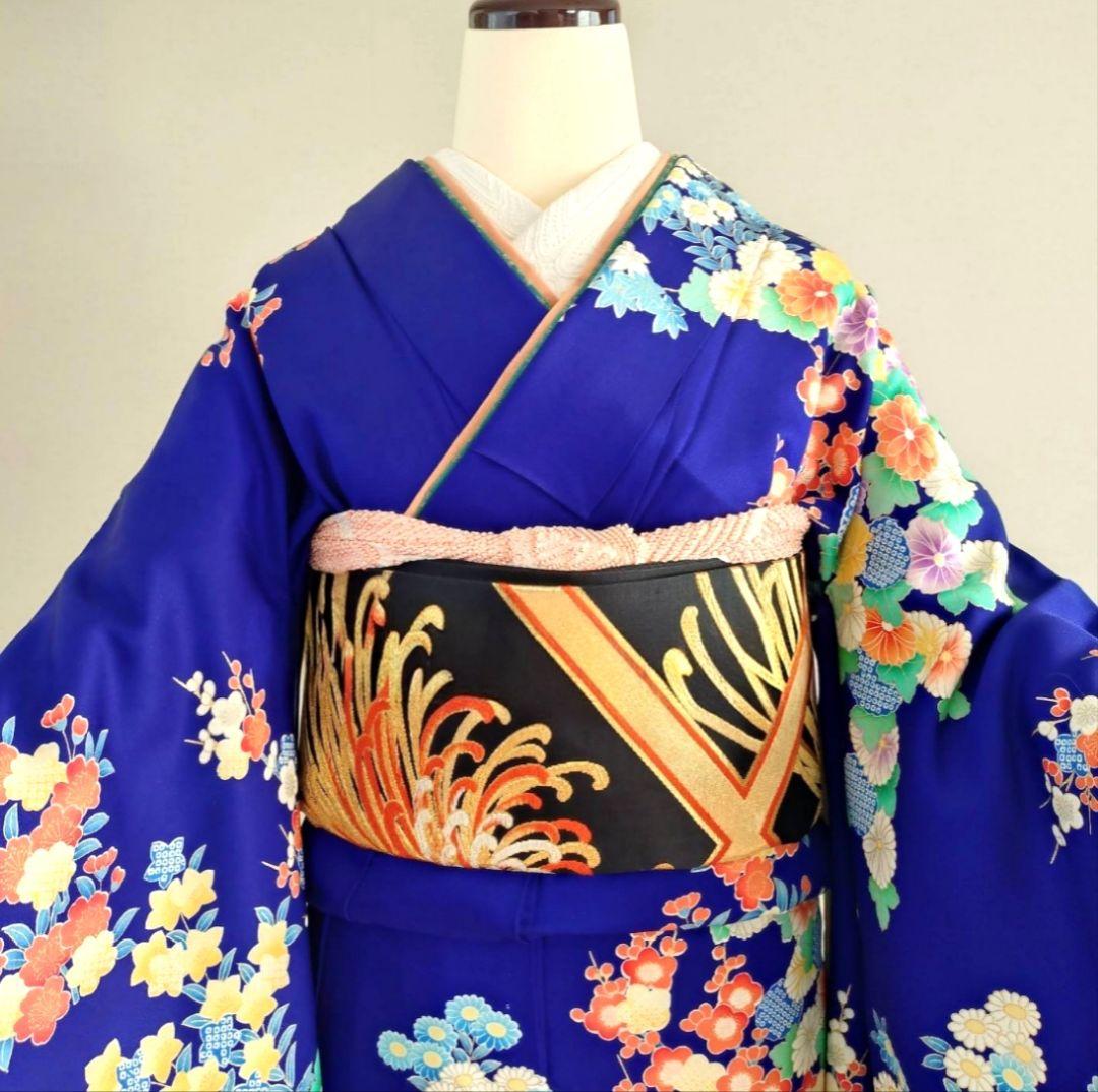 一部式作り帯　振袖用　格子に乱菊　胴巻き～90㎝　十三参りにも　正絹　黒色　金色