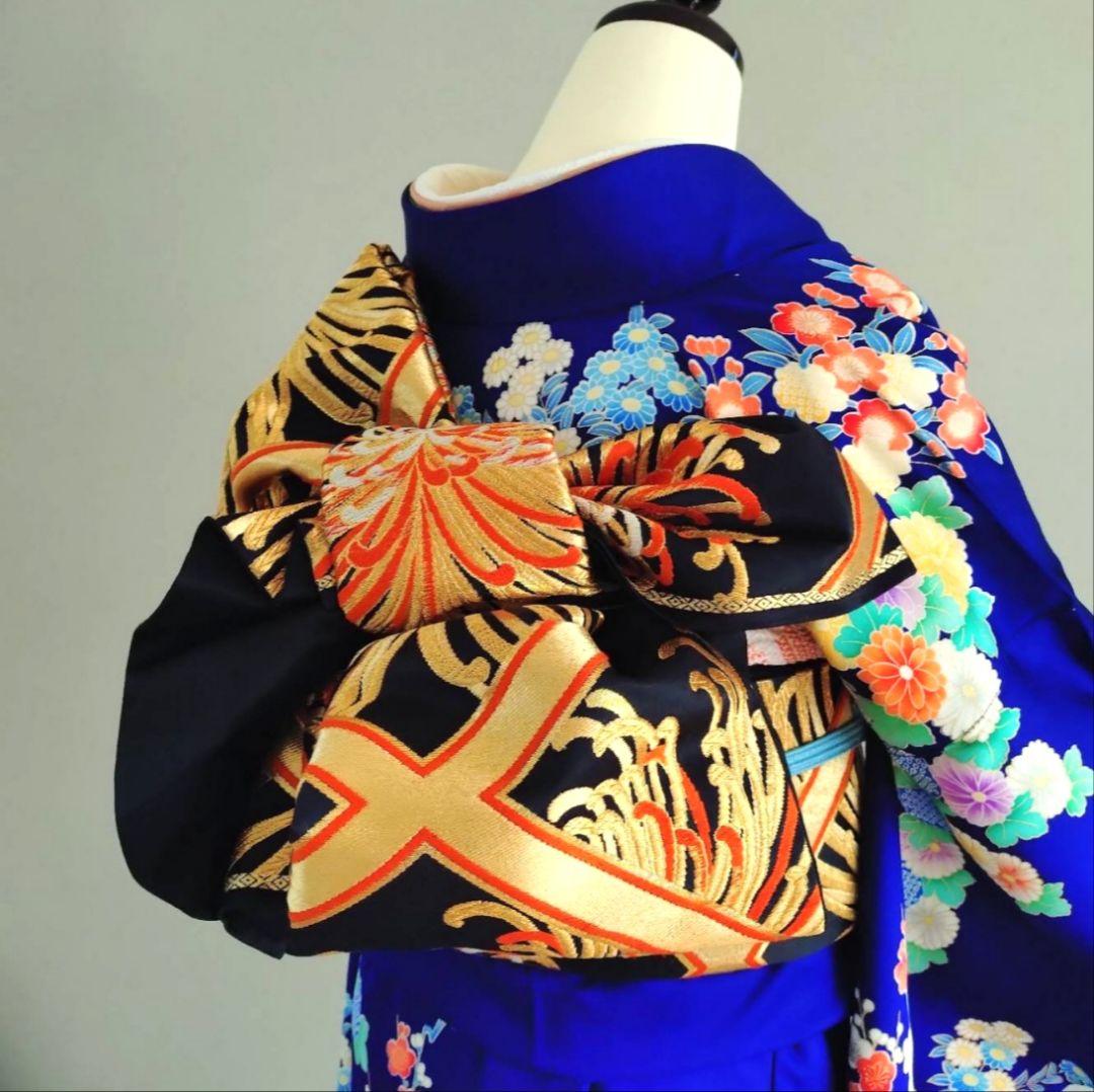 一部式作り帯　振袖用　格子に乱菊　胴巻き～90㎝　十三参りにも　正絹　黒色　金色