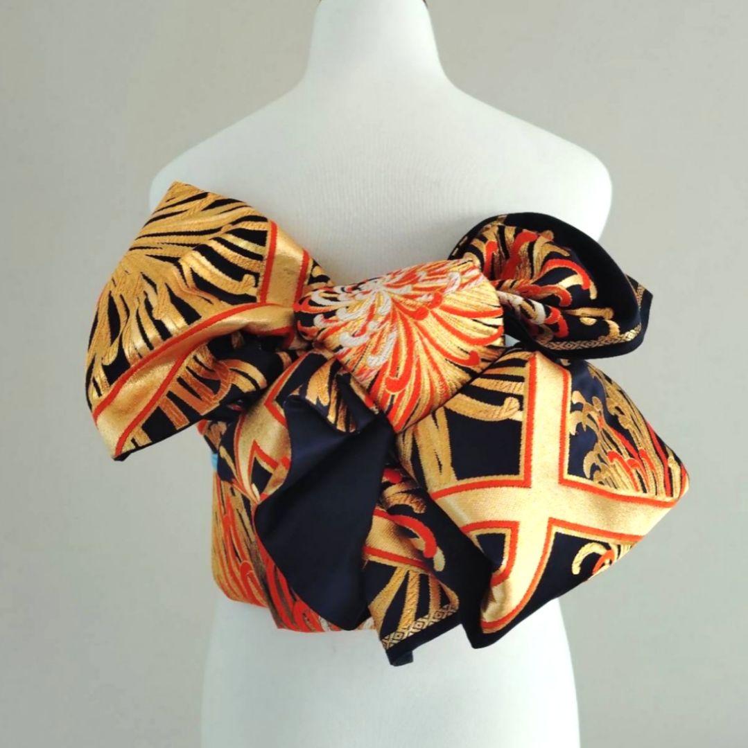 一部式作り帯　振袖用　格子に乱菊　胴巻き～90㎝　十三参りにも　正絹　黒色　金色