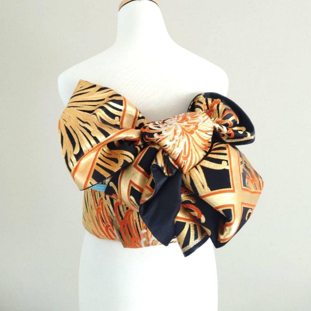 一部式作り帯　振袖用　格子に乱菊　胴巻き～90㎝　十三参りにも　正絹　黒色　金色