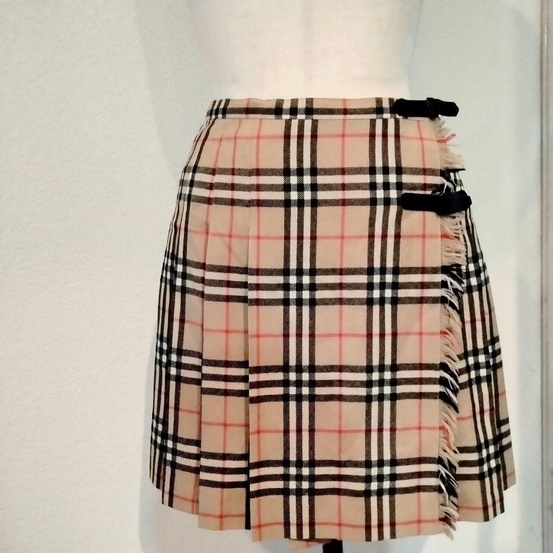 バーバリー　36 ノバチェック柄プリーツスカート ベージュ巻きスカートウール