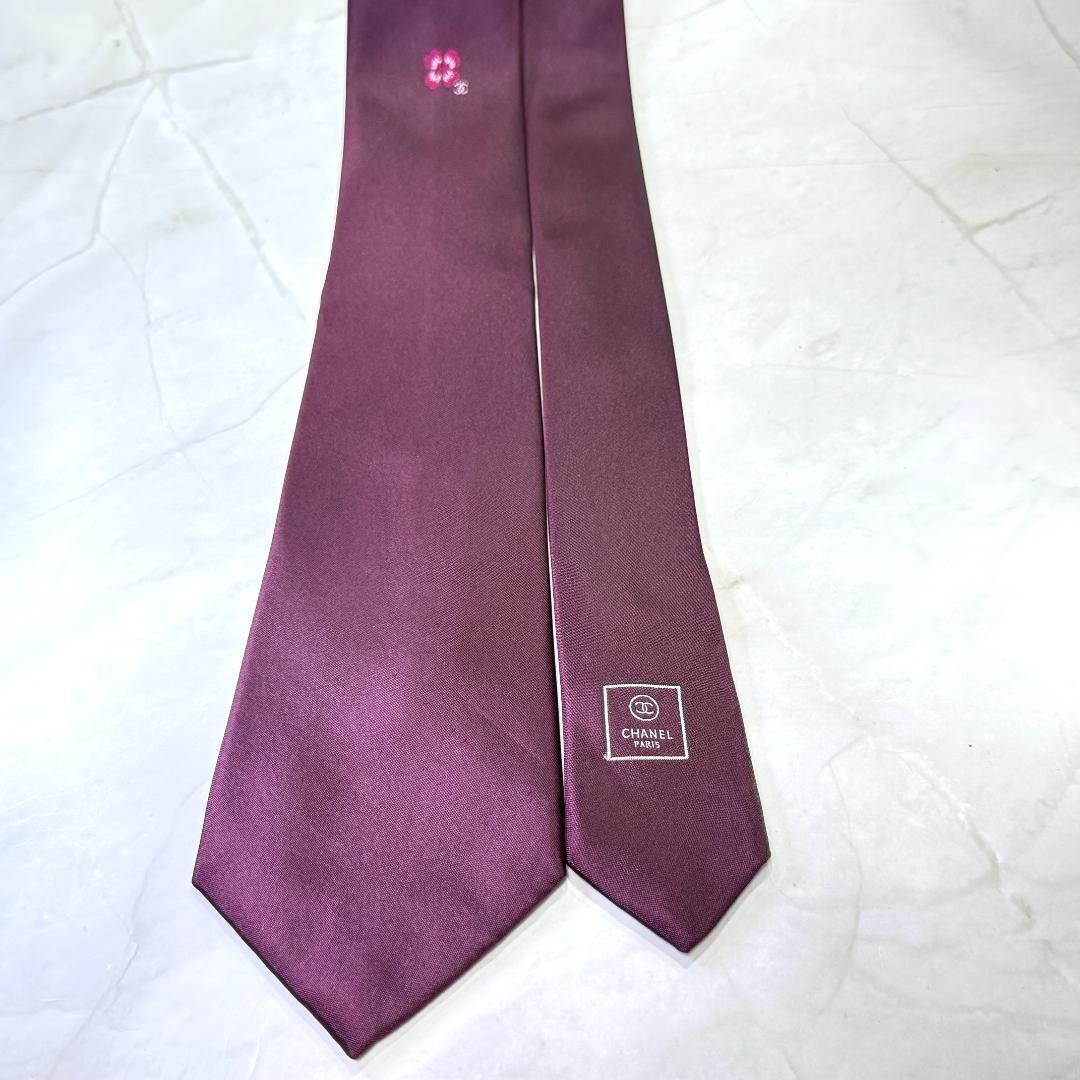 ☆即発 CHANEL ネクタイ フラワー 刺繍 ココマーク ボルドー 高級シルク