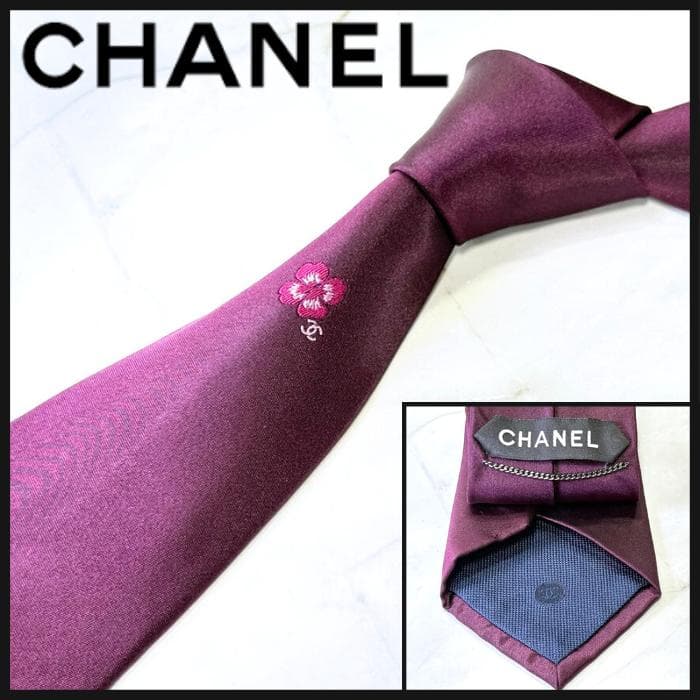 ☆即発 CHANEL ネクタイ フラワー 刺繍 ココマーク ボルドー 高級シルク
