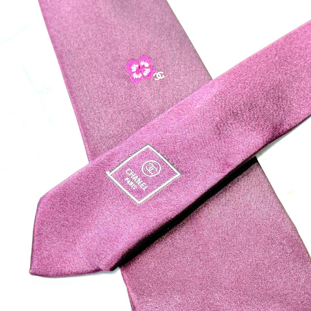 ☆即発 CHANEL ネクタイ フラワー 刺繍 ココマーク ボルドー 高級シルク
