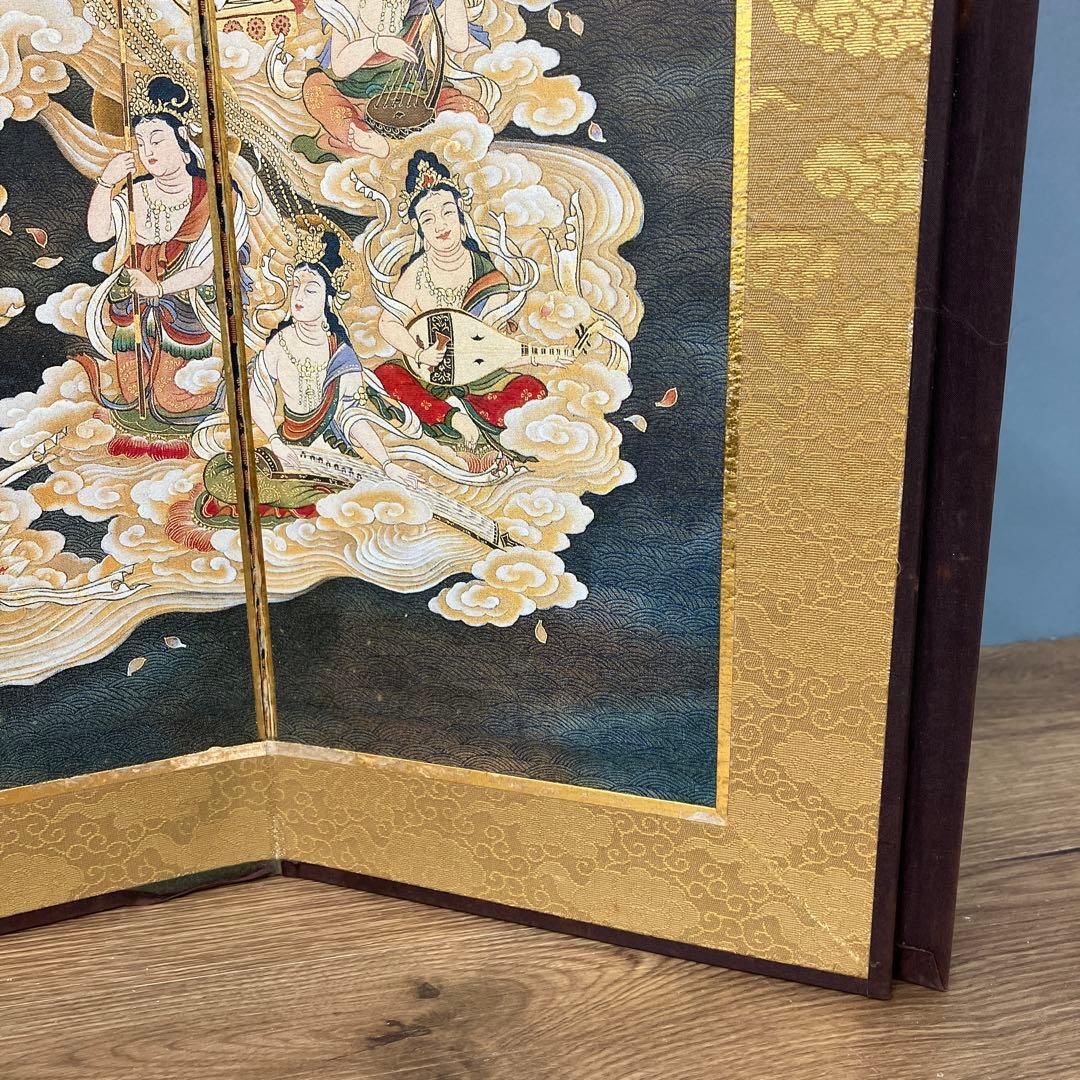 昭和レトロ 仏教美術 阿弥陀二十五菩薩来迎図 三つ折り屏風 金彩 縁起物