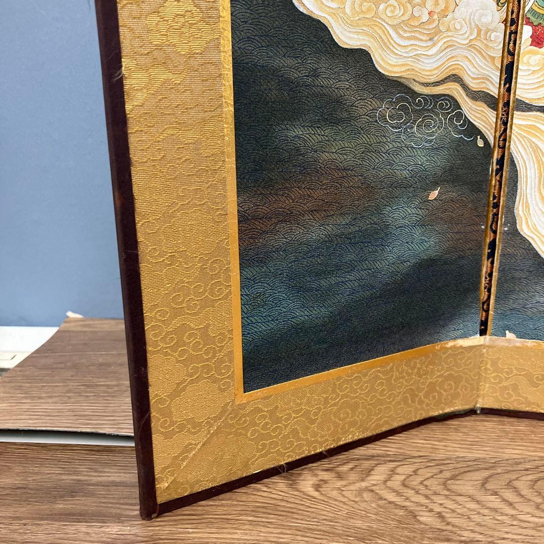 昭和レトロ 仏教美術 阿弥陀二十五菩薩来迎図 三つ折り屏風 金彩 縁起物