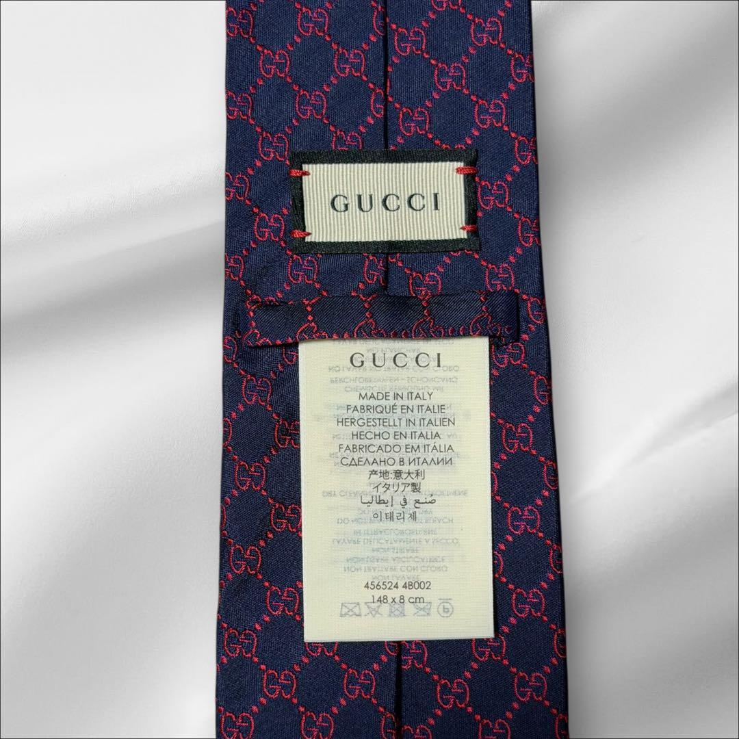 【超美品】グッチ 現行 ロゴ総柄 GG柄 ネイビー レッド メンズ ネクタイ