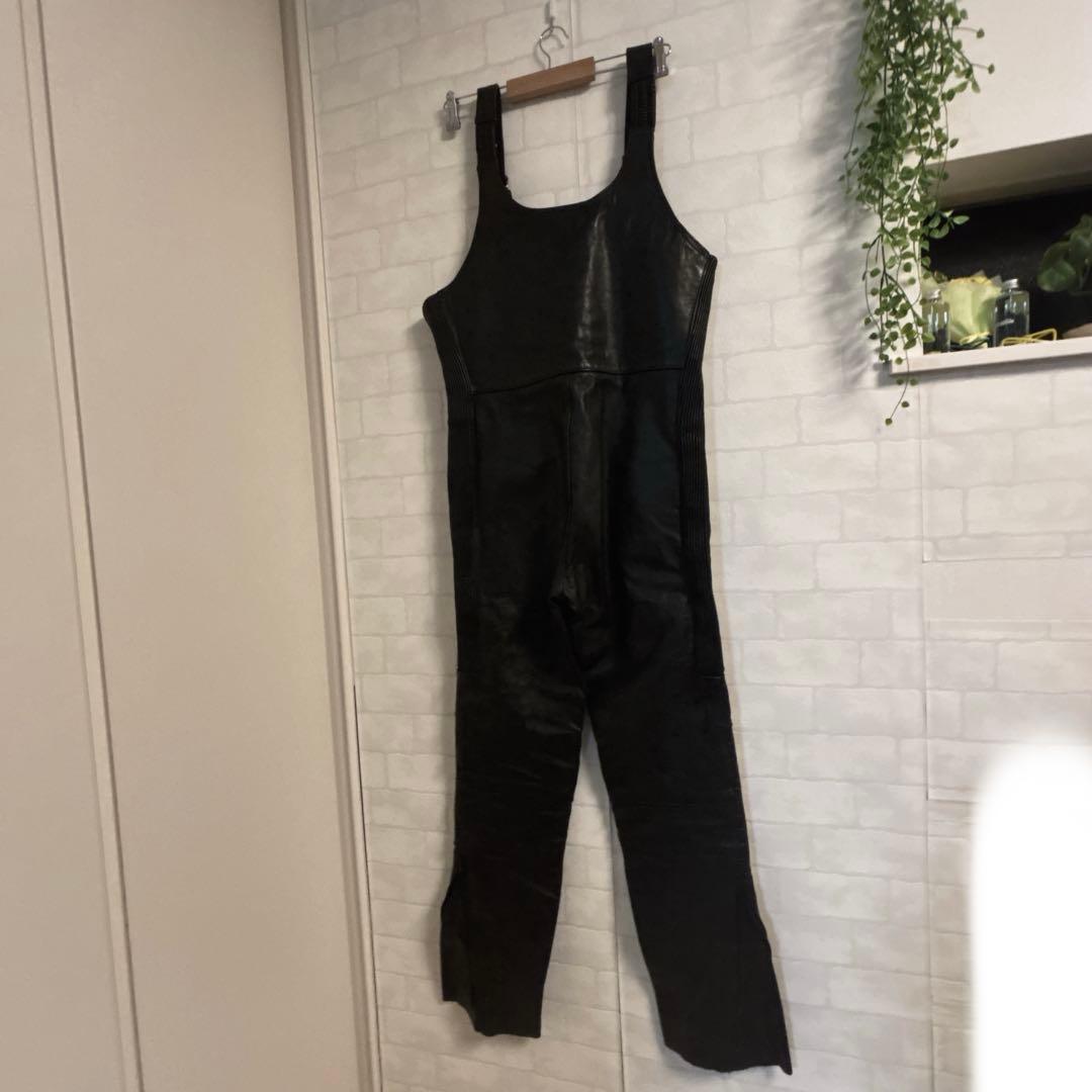 【POLO】ライディング レザーパンツ オーバーオール 本革 52 黒 ポロ