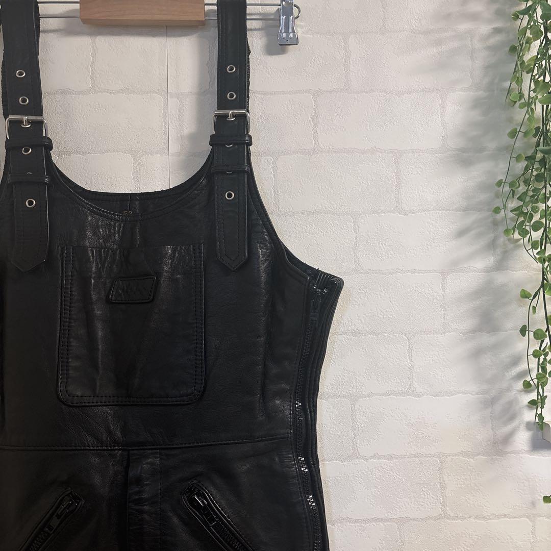 【POLO】ライディング レザーパンツ オーバーオール 本革 52 黒 ポロ