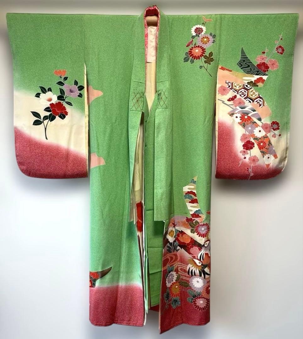 □七五三7歳　正絹女児用振り袖着物　正絹襦袢付　おしどり　緑系