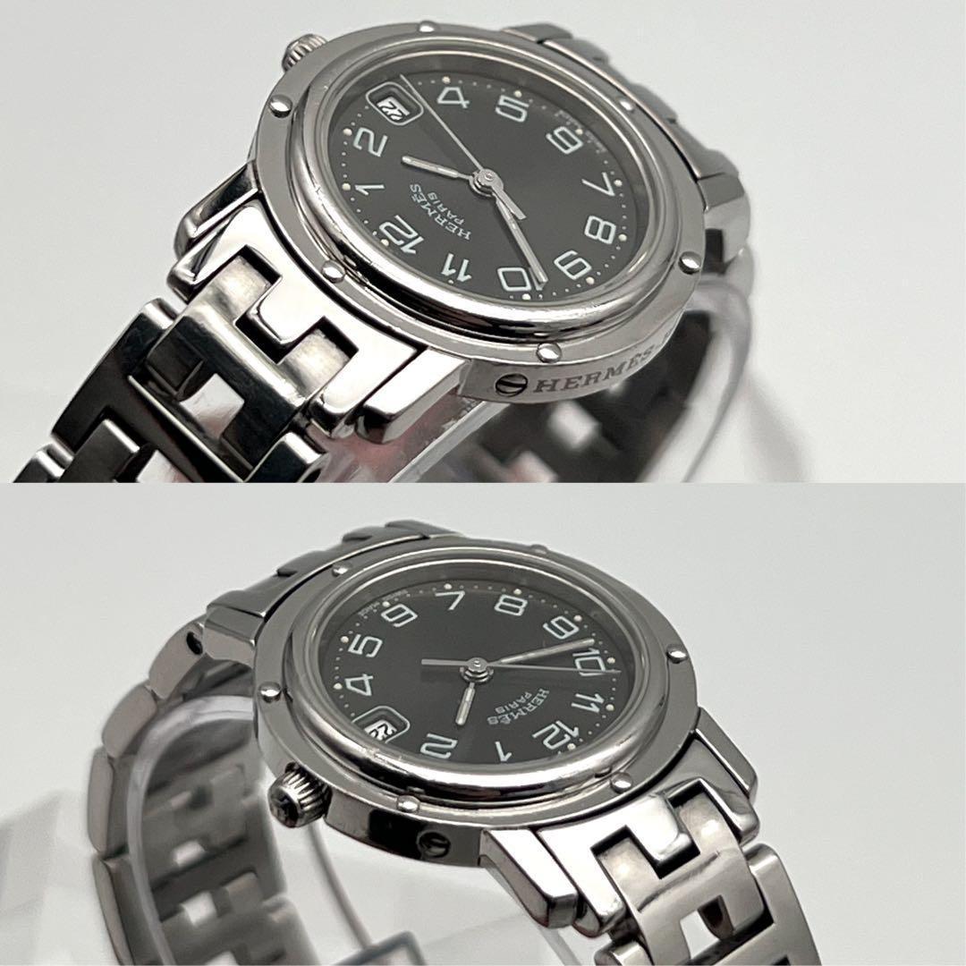 エルメス　クリッパー　ブラック文字盤　3針 シルバー　時計　Hベルト　付属品有り