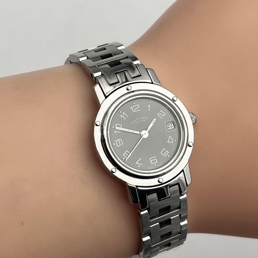 エルメス　クリッパー　ブラック文字盤　3針 シルバー　時計　Hベルト　付属品有り