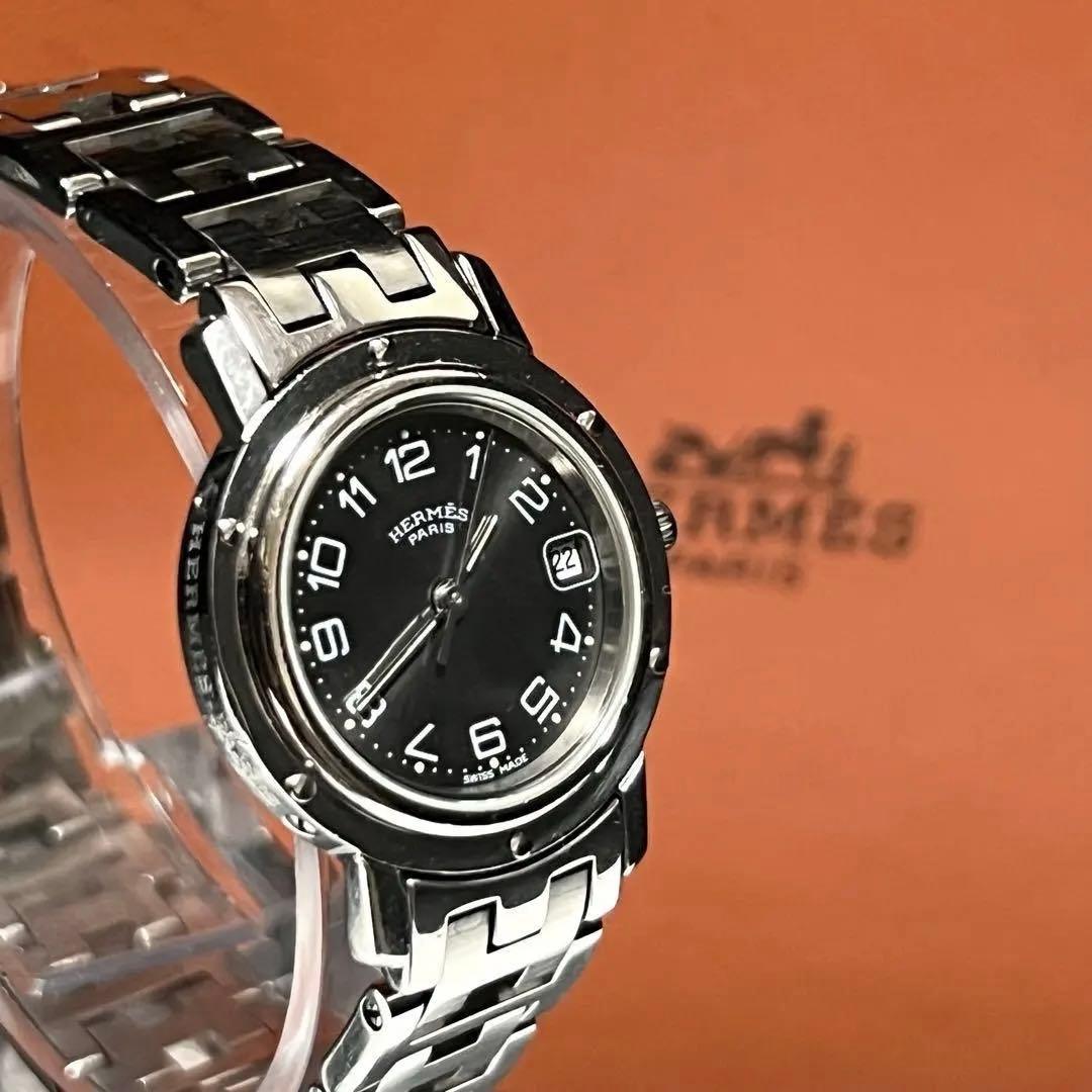 エルメス　クリッパー　ブラック文字盤　3針 シルバー　時計　Hベルト　付属品有り