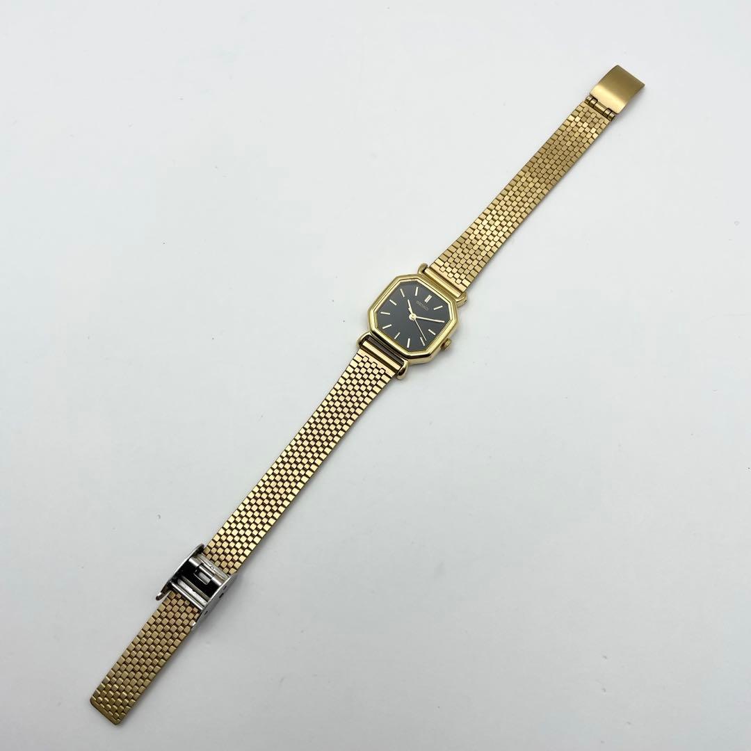 セイコー レディース腕時計 ゴールド オクタゴン ブラック文字盤 クォーツ 稼働