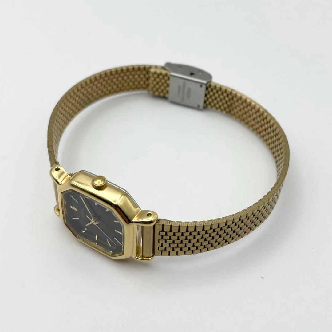 セイコー レディース腕時計 ゴールド オクタゴン ブラック文字盤 クォーツ 稼働