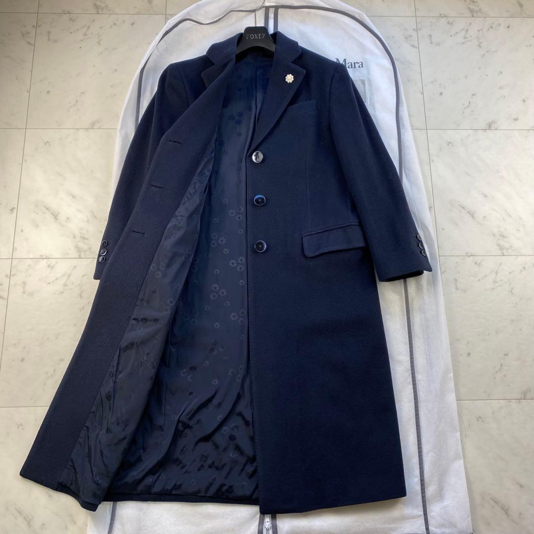 カシミヤ混◎ラルディーニ　チェスターコート　シングル　ネイビー　花柄　ロング丈