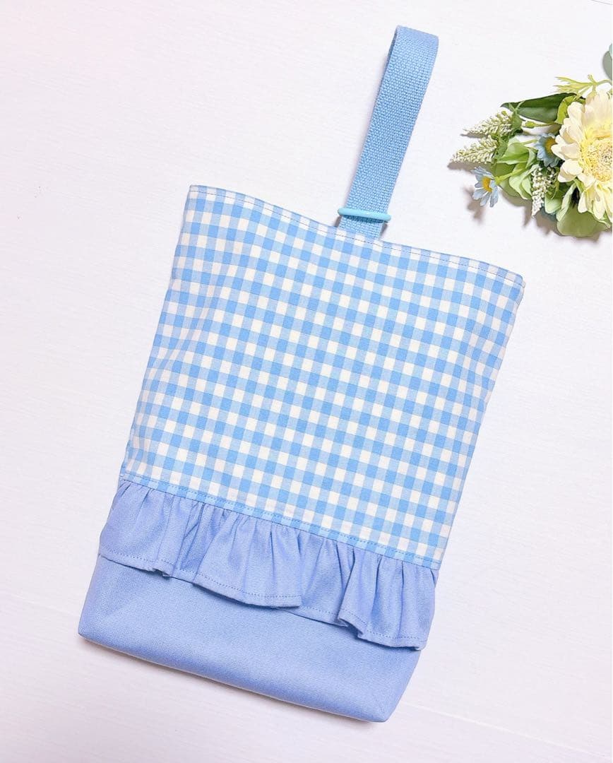 レッスンバッグ　上履き入れ　入園入学　体操着袋　給食袋　ギンガムチェック　水色