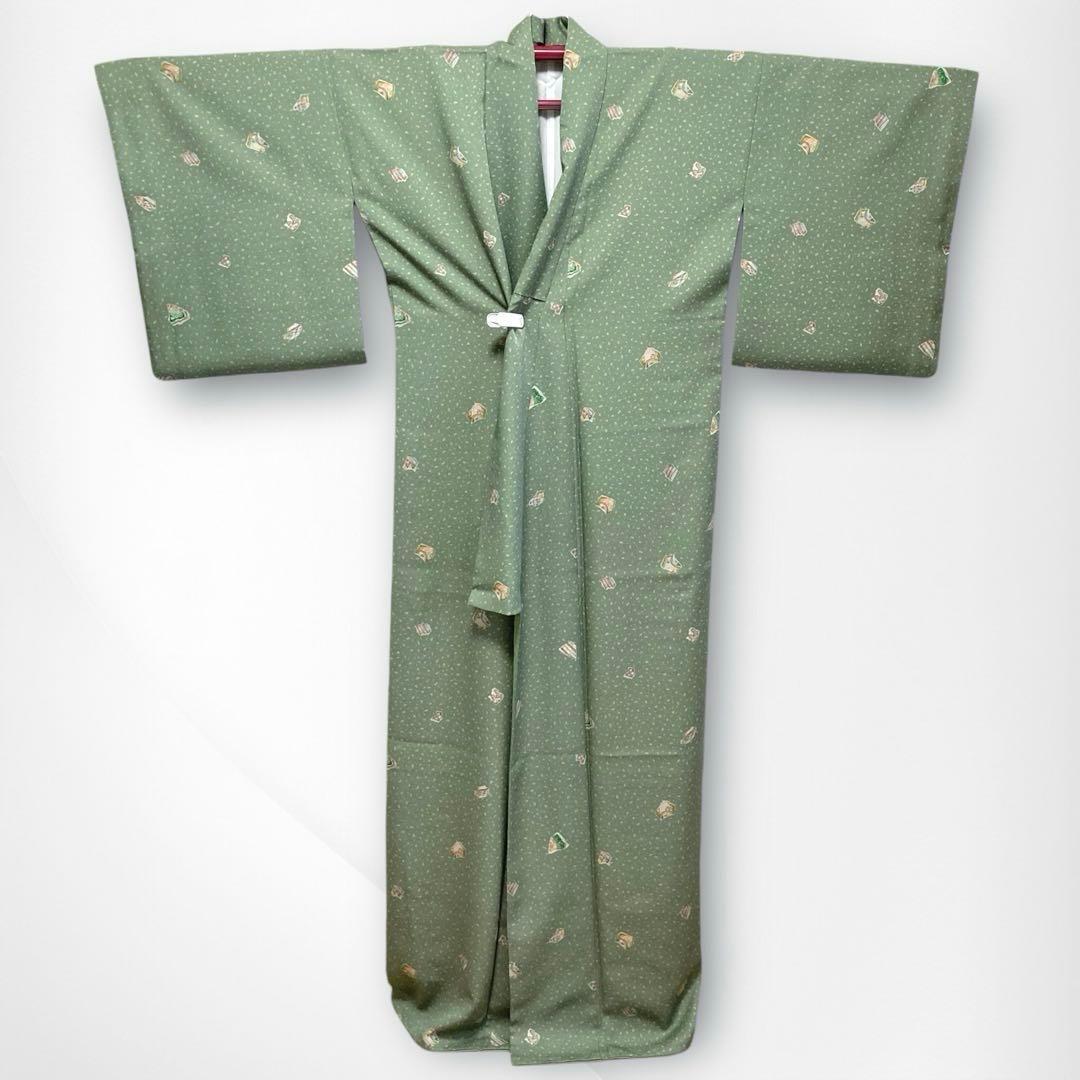 【美品✨】東レシルック　洗える着物　小紋　器　くすんだ黄緑　トールサイズ　K4