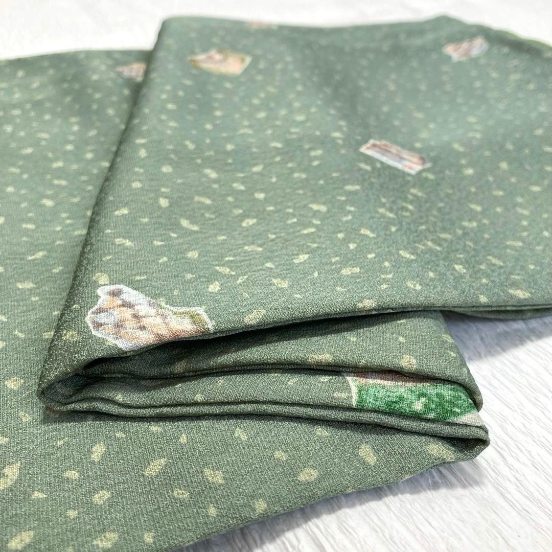 【美品✨】東レシルック　洗える着物　小紋　器　くすんだ黄緑　トールサイズ　K4