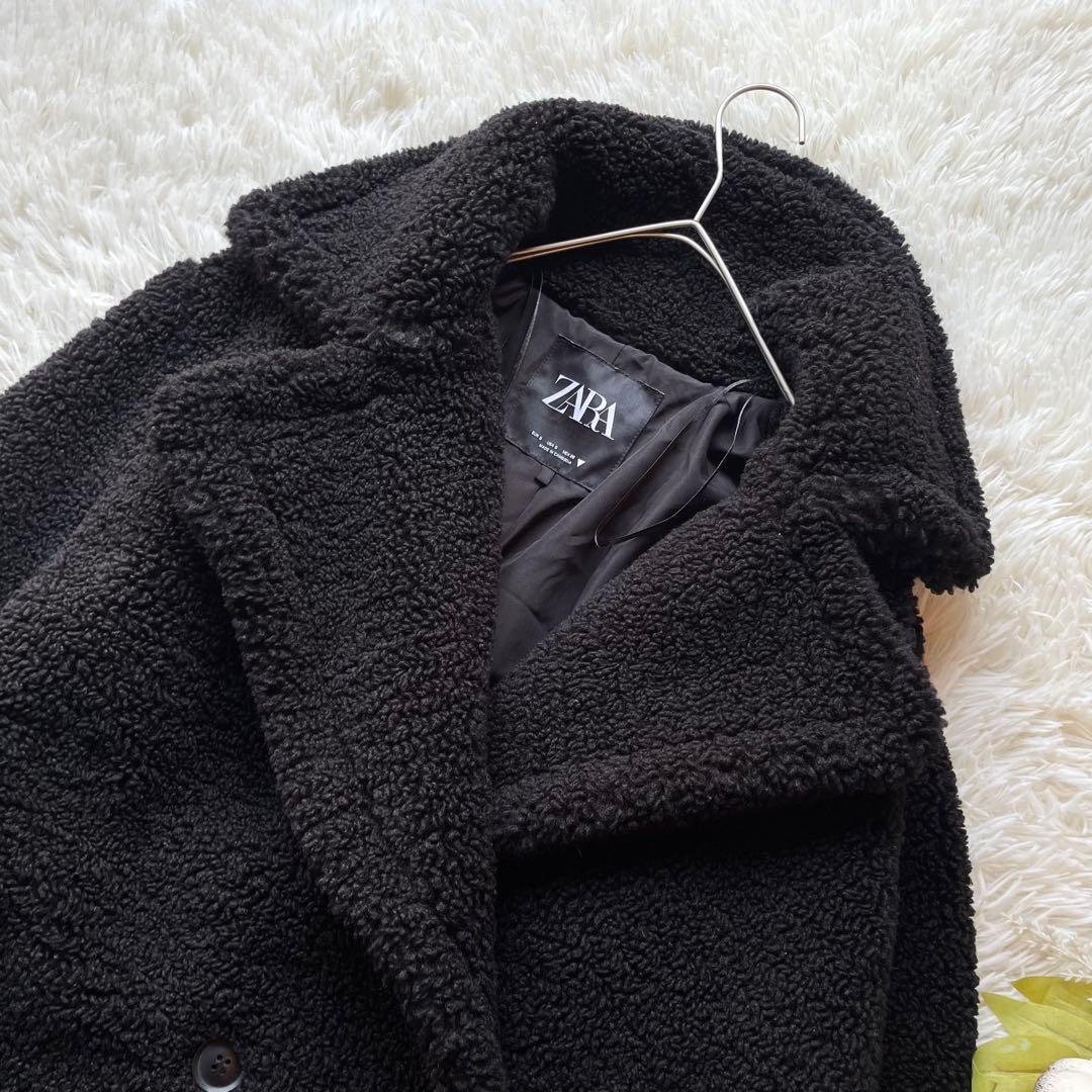 ザラ　ダブルブレストフェイクボアコート　ロング　黒　S テディーベアコート　人気