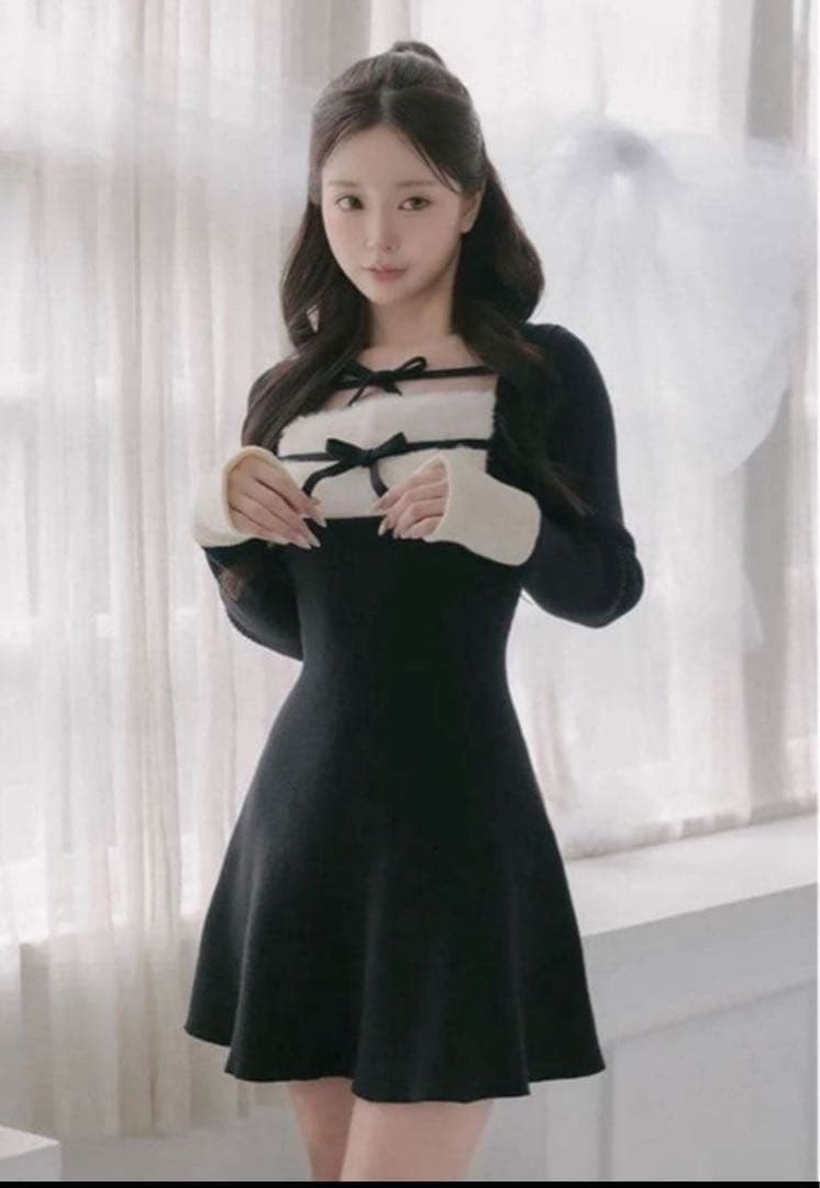 Darich リボンファーフレアニットミニワンピース フリー