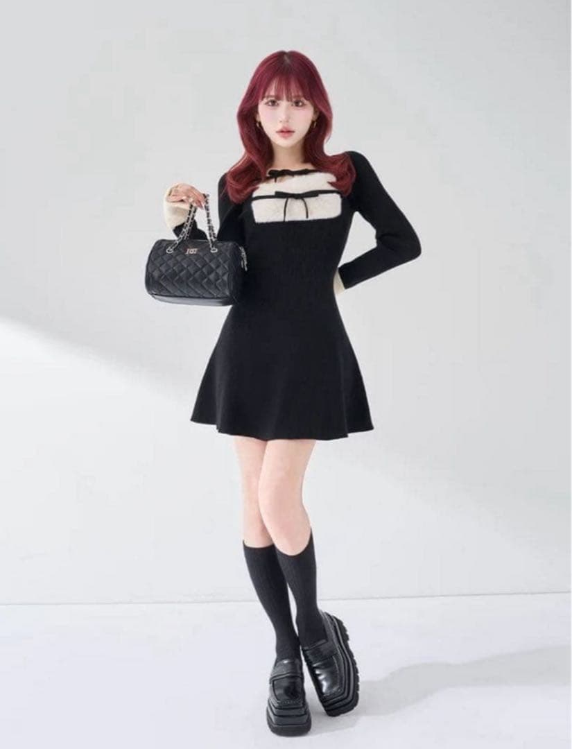 Darich リボンファーフレアニットミニワンピース フリー