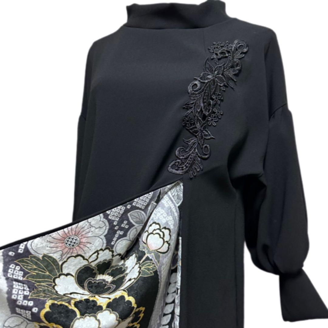 振袖　着物リメイク　ドレス　黒×シック辻が花　和柄　ワンピース　ハンドメイド