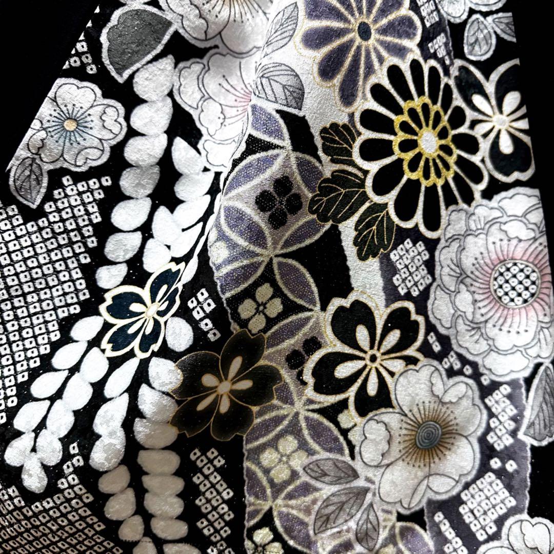 振袖　着物リメイク　ドレス　黒×シック辻が花　和柄　ワンピース　ハンドメイド