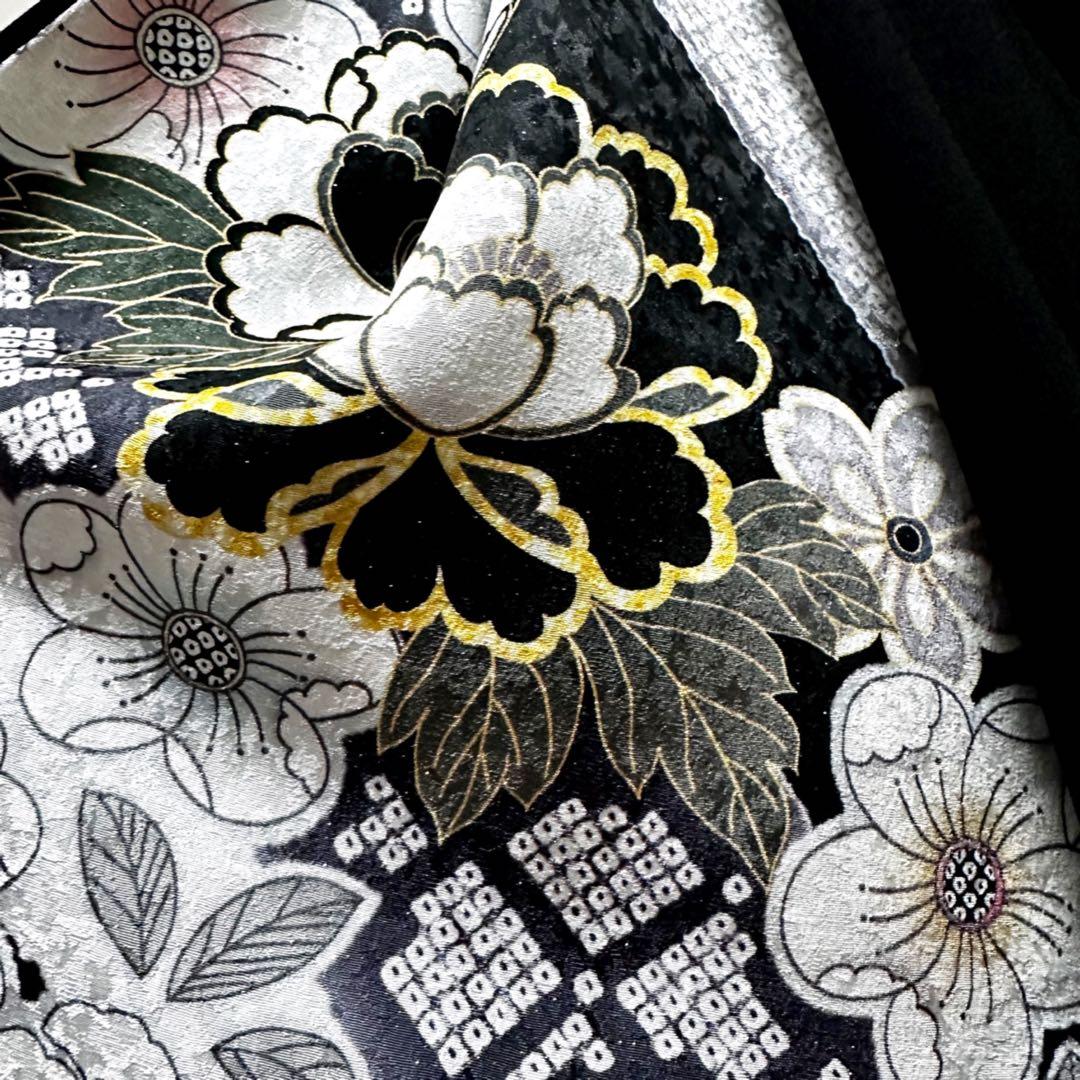 振袖　着物リメイク　ドレス　黒×シック辻が花　和柄　ワンピース　ハンドメイド