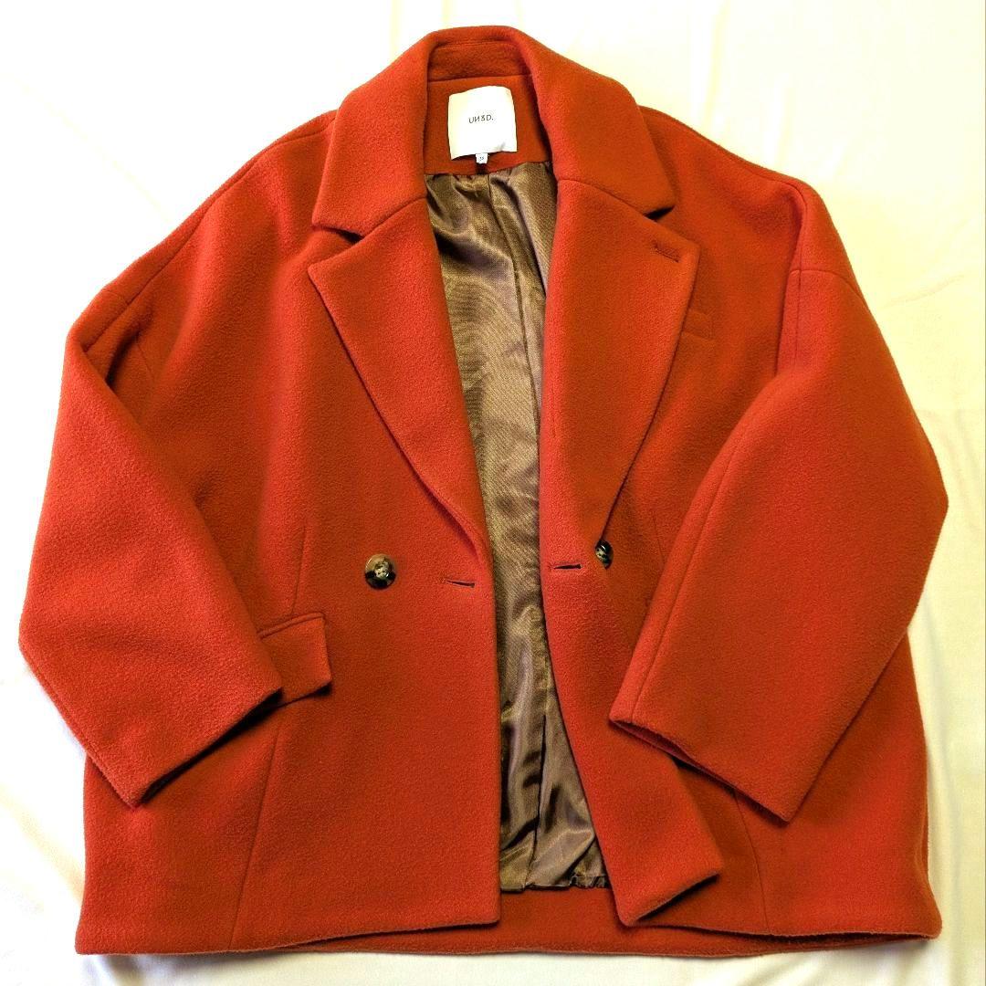 UN3D. ドルマンミドルウールコート ミドル丈 36 コクーン 朱赤 毛100