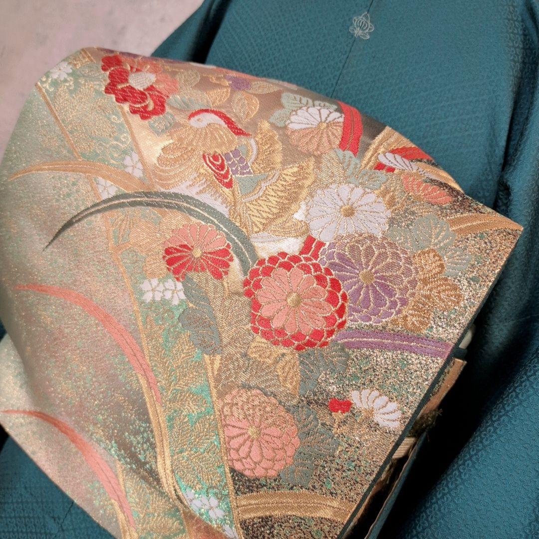 色無地＋長襦袢　着物　フルセット　正絹　比翼仕立て　青緑　O1