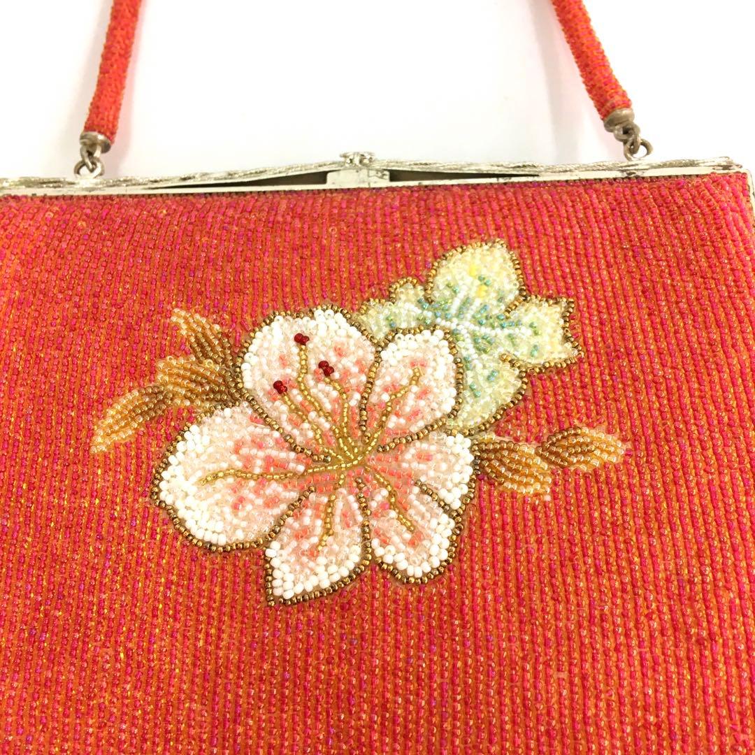 花柄ビーズ刺繍 がま口バッグ 総ビーズ　昭和レトロ
