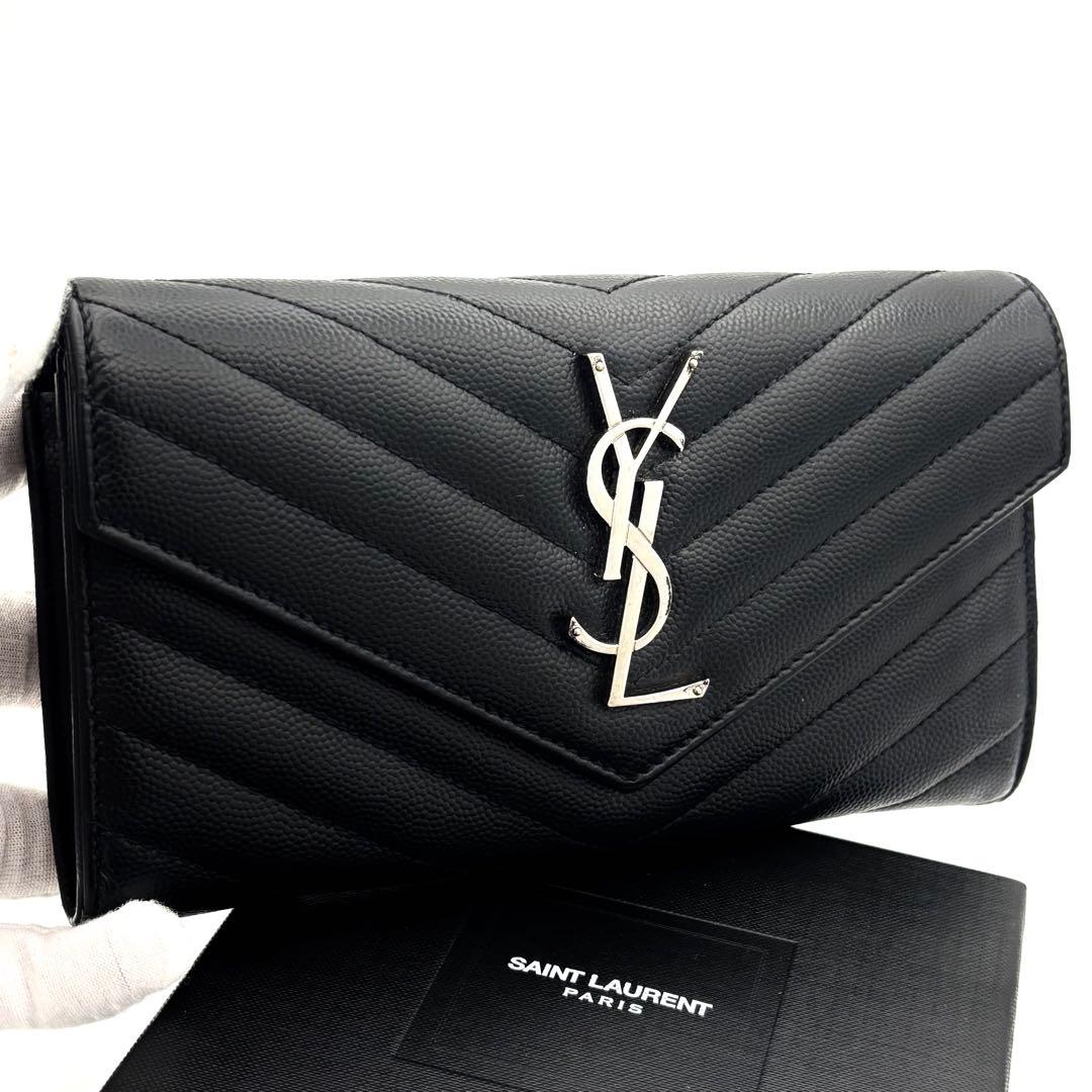 ☆美品☆箱付☆サンローラン 二つ折り長財布 Vステッチ キャビアスキン ブラック