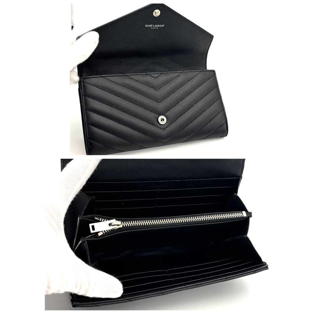 ☆美品☆箱付☆サンローラン 二つ折り長財布 Vステッチ キャビアスキン ブラック