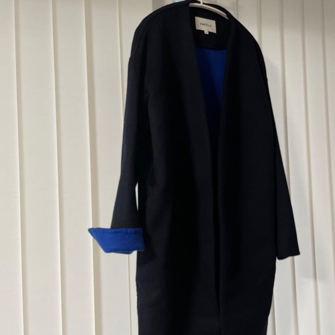 ENFOLD エンフォルド ウールリバーノーカラーコート　ネイビーブルー36