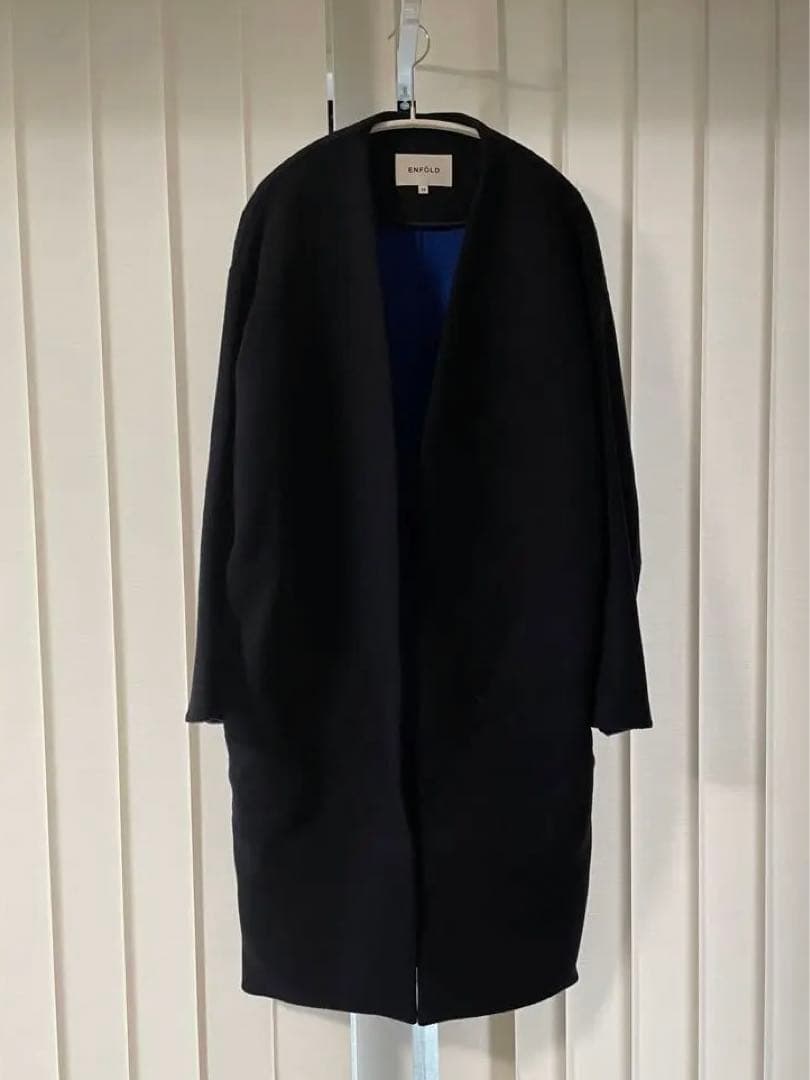 ENFOLD エンフォルド ウールリバーノーカラーコート　ネイビーブルー36