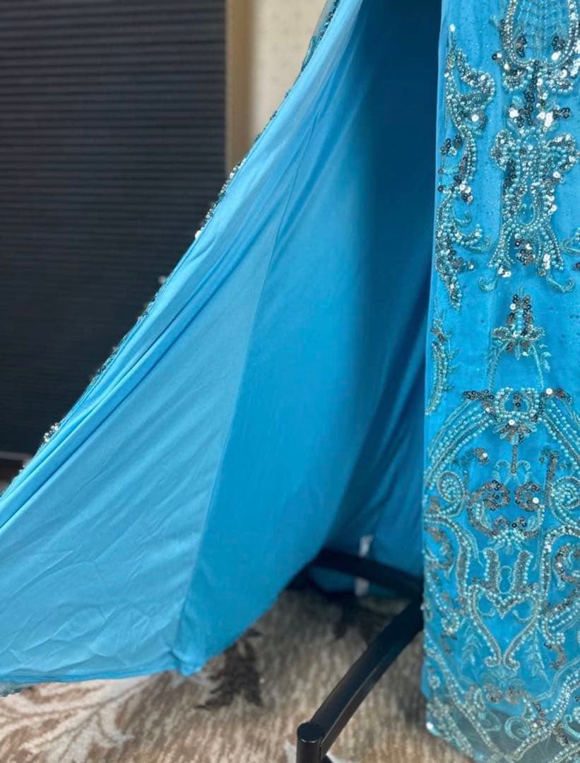 水色 ストラップレス ロングドレス