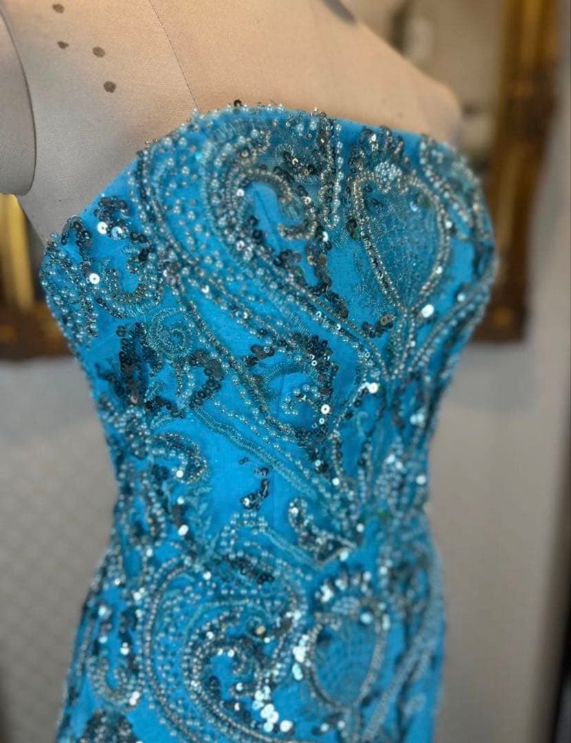 水色 ストラップレス ロングドレス