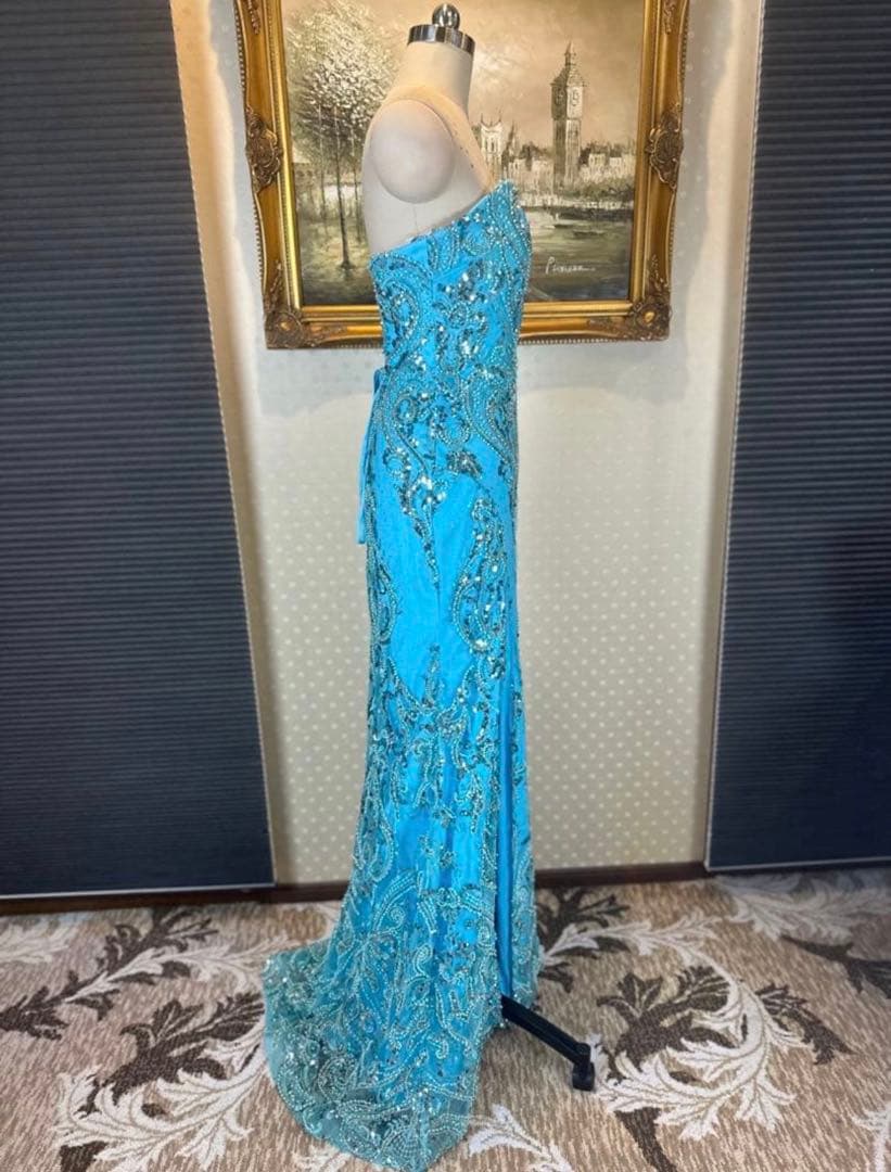 水色 ストラップレス ロングドレス