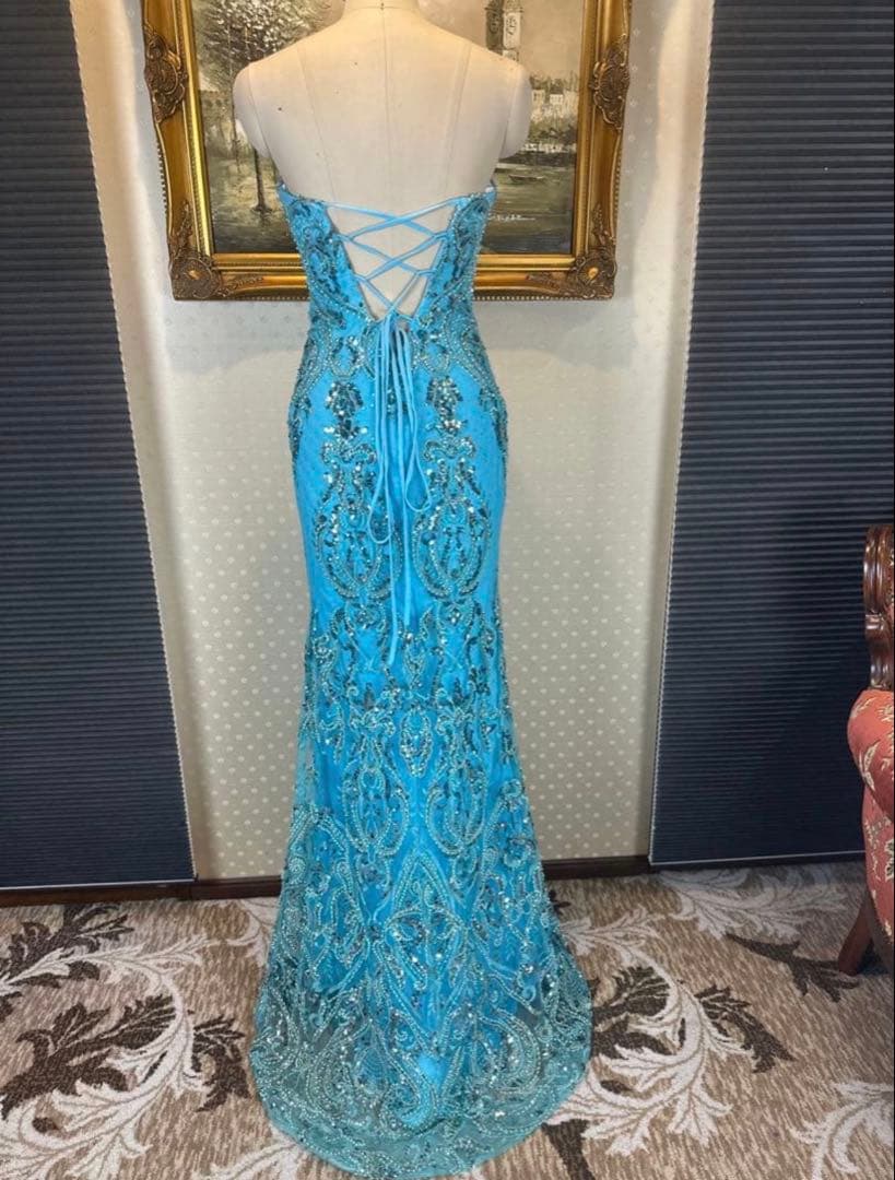 水色 ストラップレス ロングドレス