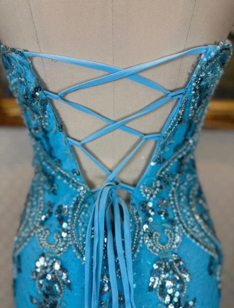 水色 ストラップレス ロングドレス