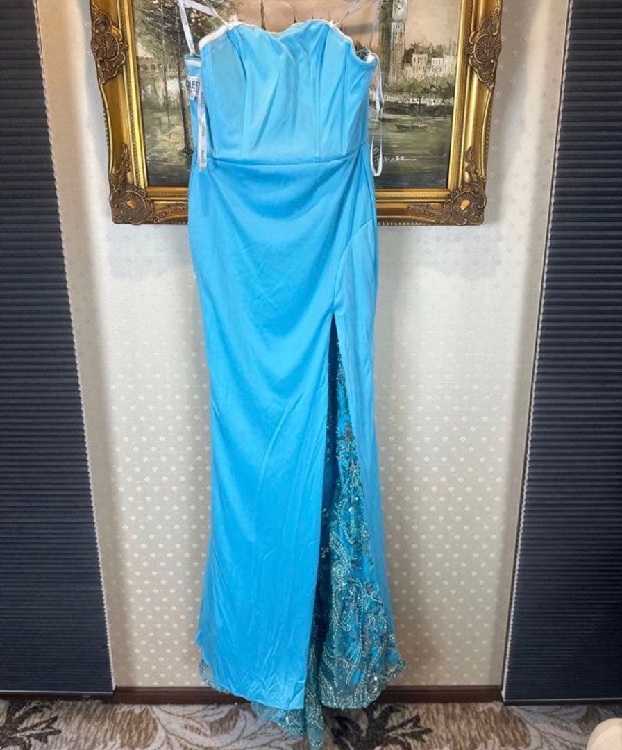 水色 ストラップレス ロングドレス