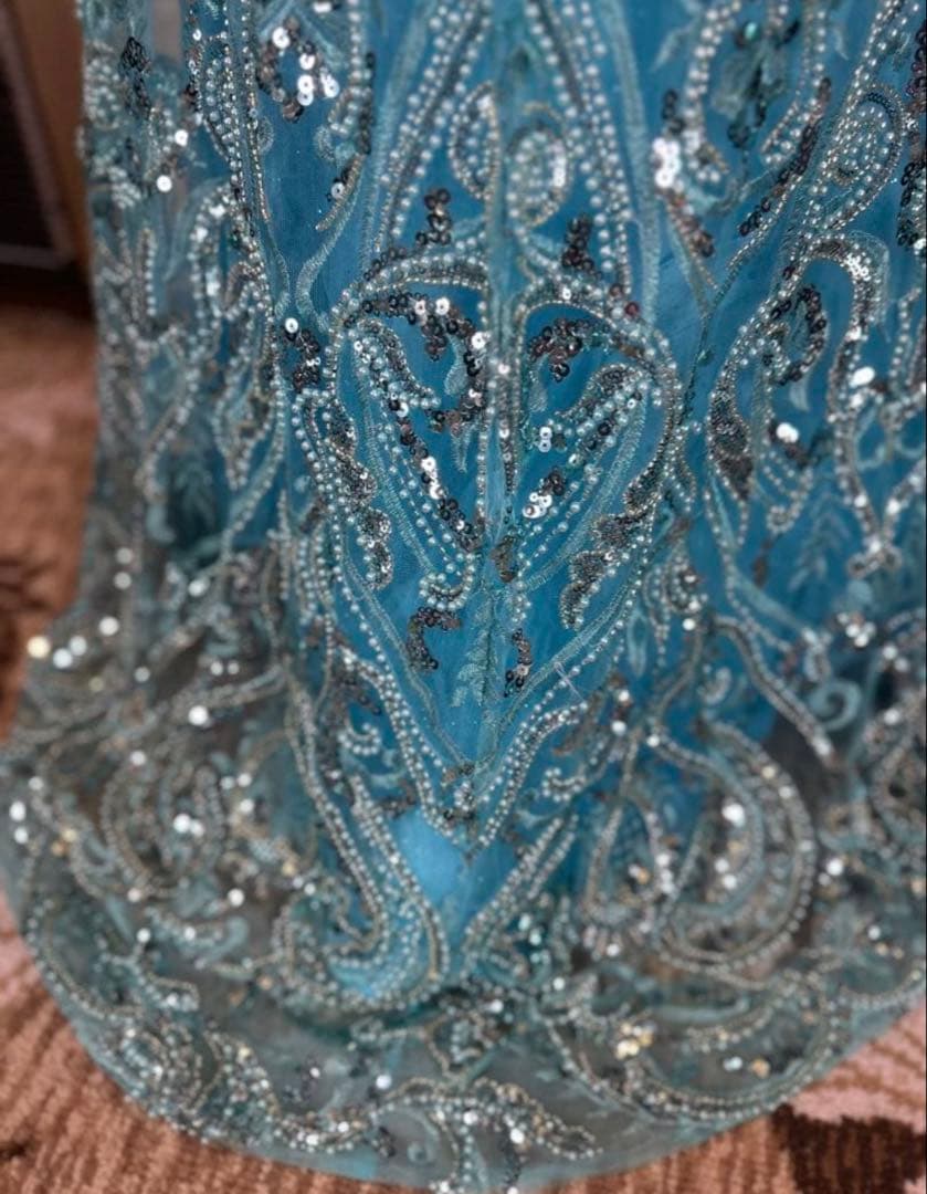 水色 ストラップレス ロングドレス