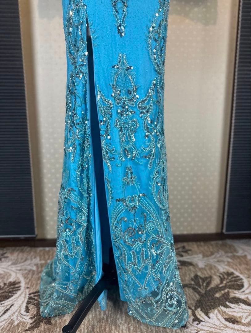 水色 ストラップレス ロングドレス