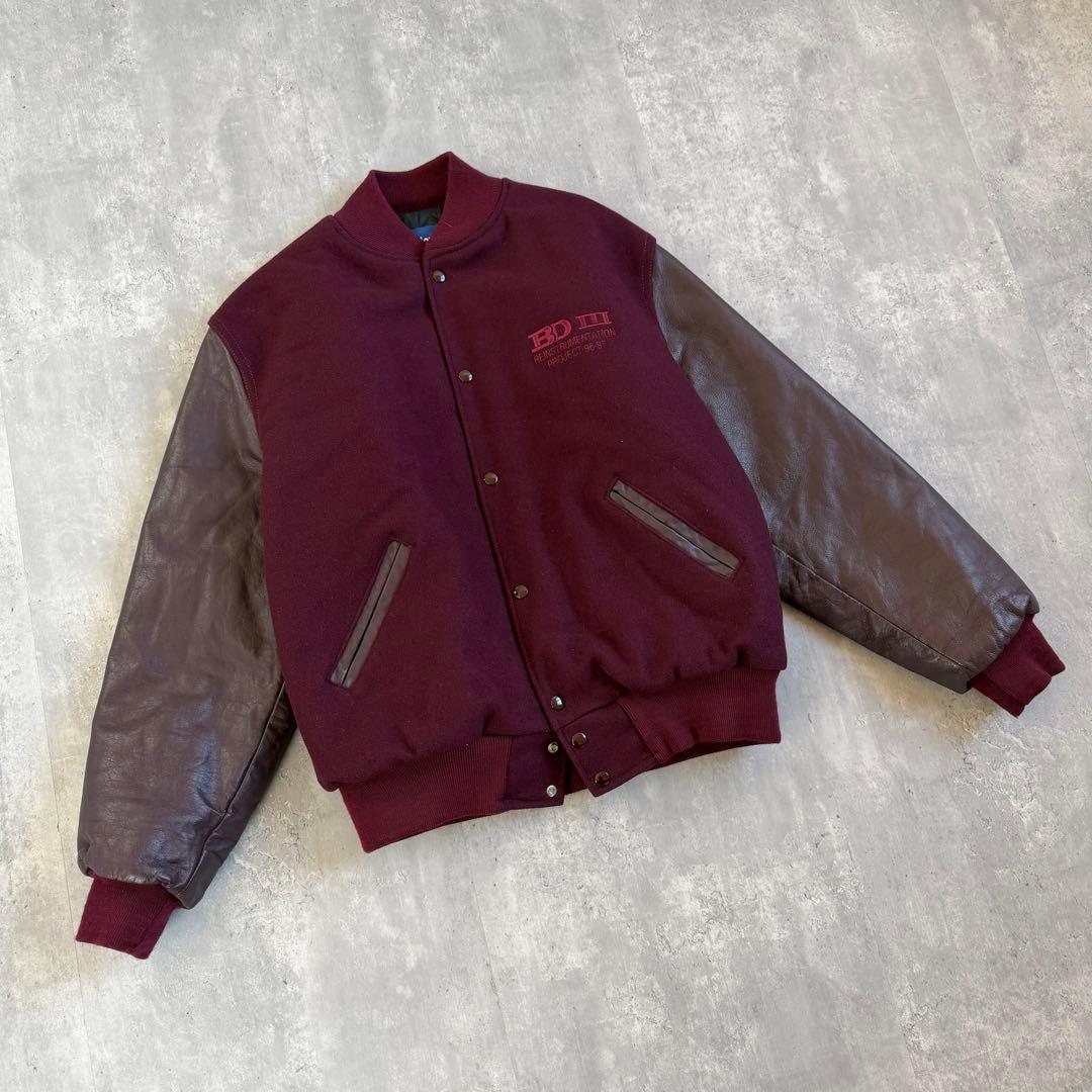 Holloway 90s USA製 ウール×レザー スタジャン ワインレッド L