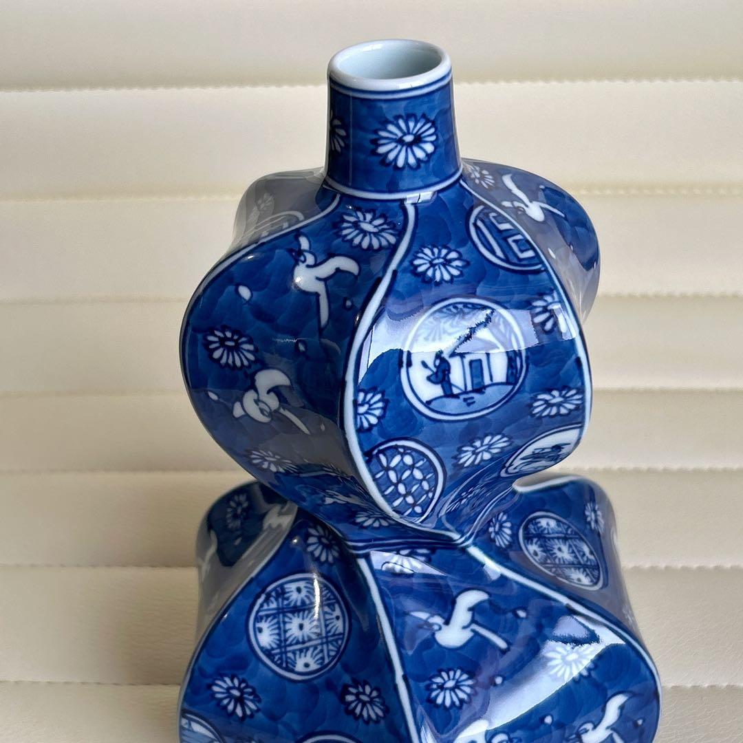 有田焼　源右衛門窯　祥瑞手丸紋　花瓶　瓢箪型　染付　花入　一輪挿し　山水　菊紋