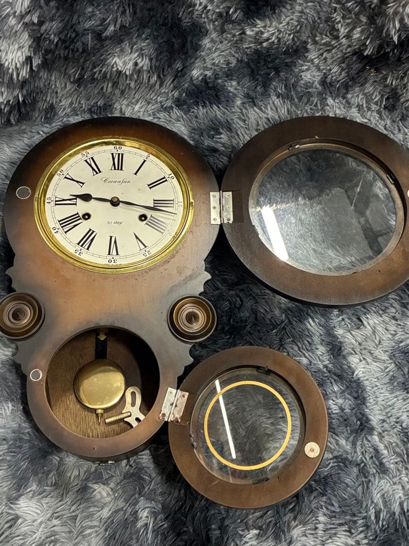 B）希少 アンティーク柱時計 愛工社CROWNFAN ダルマ四つ丸 31day