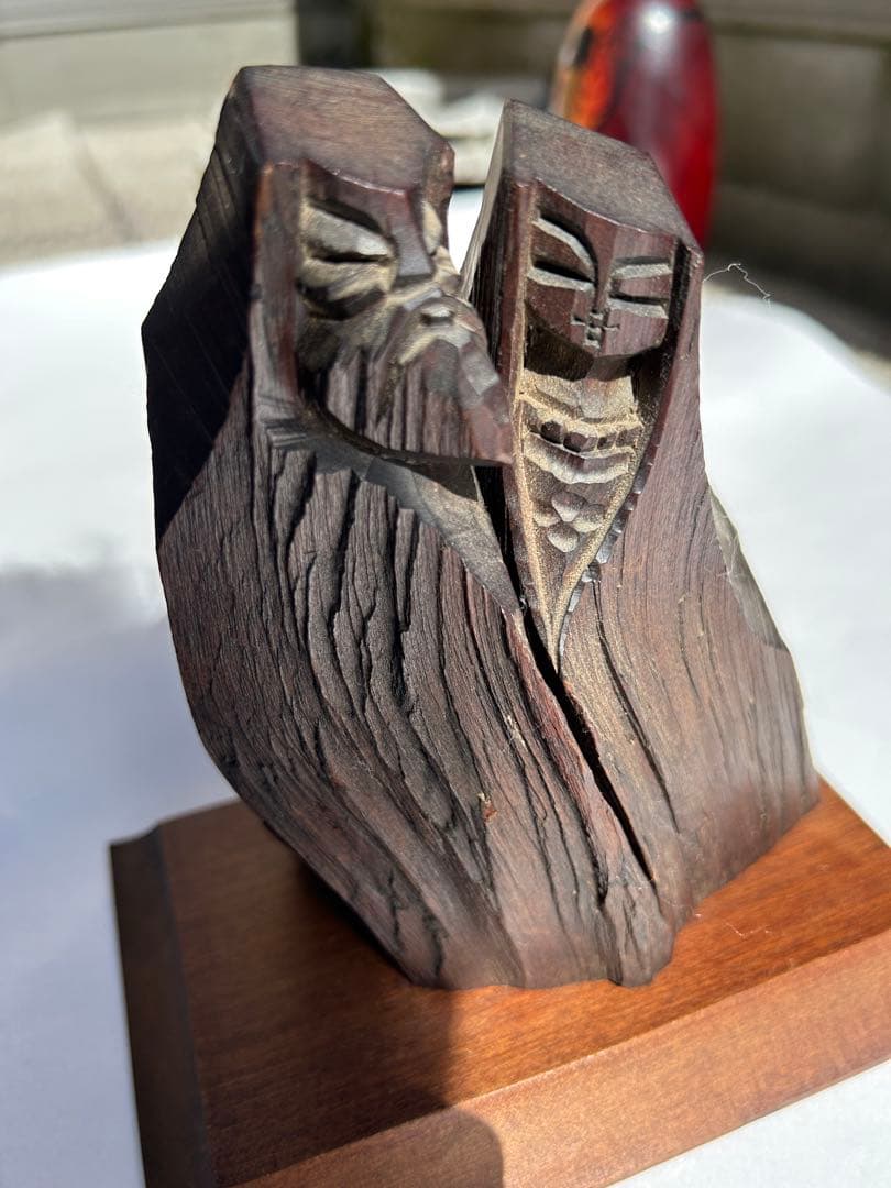 三*浩様 木製抽象彫刻 二人の人物像　夫婦像　アイヌ　木彫り　瀧口正満作品