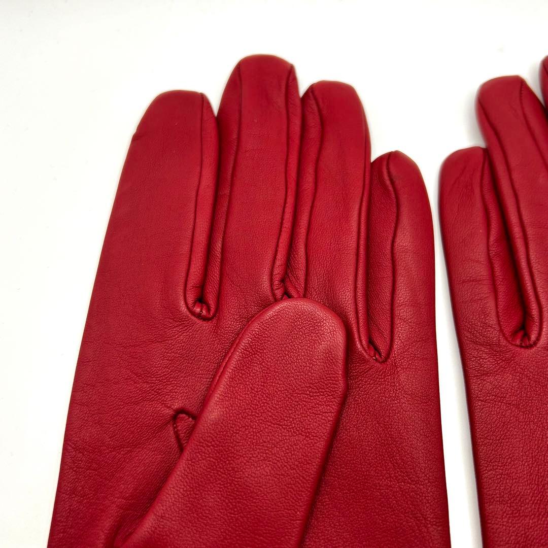 美品　HERMES レザーグローブ　羊革　ラムスキン　レッド　カデナ　手袋　赤