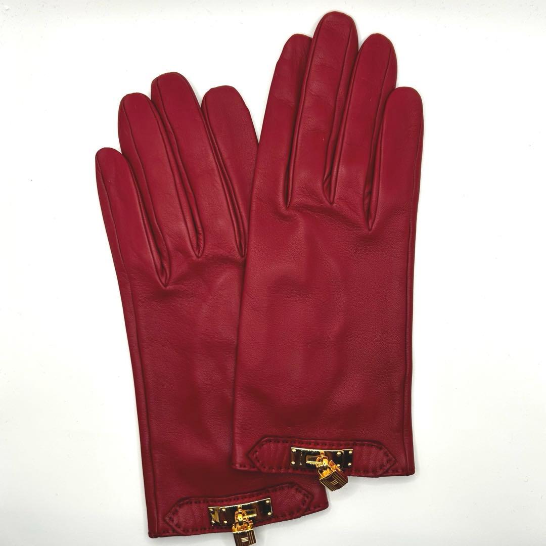 美品　HERMES レザーグローブ　羊革　ラムスキン　レッド　カデナ　手袋　赤